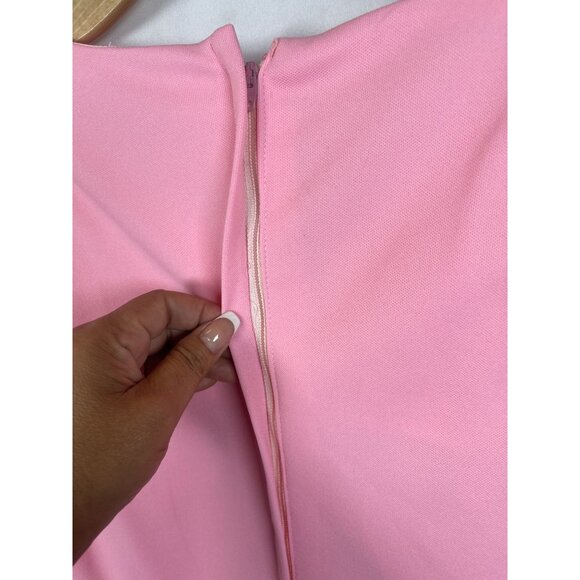 60s Vintage Pink Empire Line Midi  V-neck Pearl Appliqué Dress Sz M/L - Picture 5 of 7